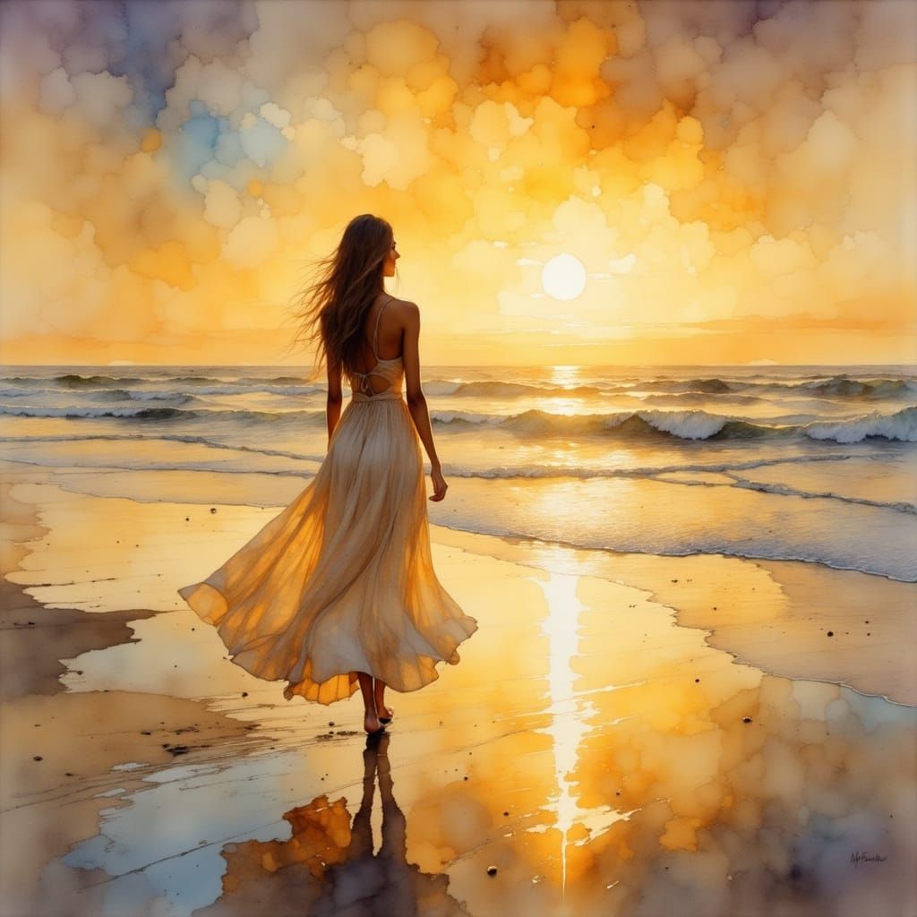 Woman on Beach at Sunset: Impressionistic Style