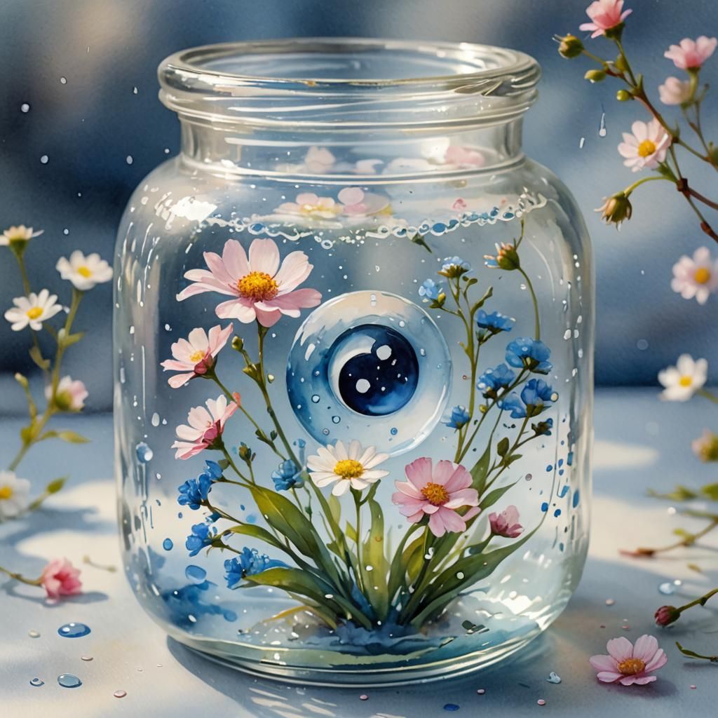 Watercolor Yin Yang Flower Symbol in Jar