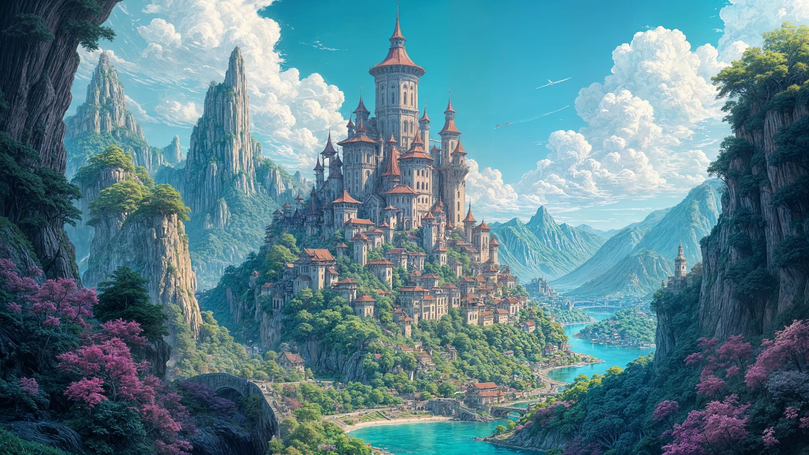 Anime Fantasy City Landscape in Cel-Shaded Style