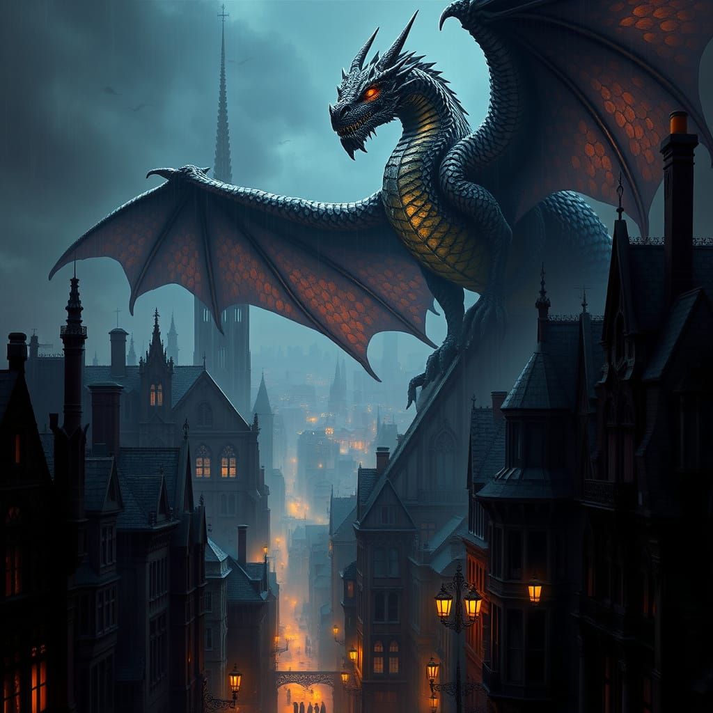 Ancient Dragon Over Gaslit Victorian City