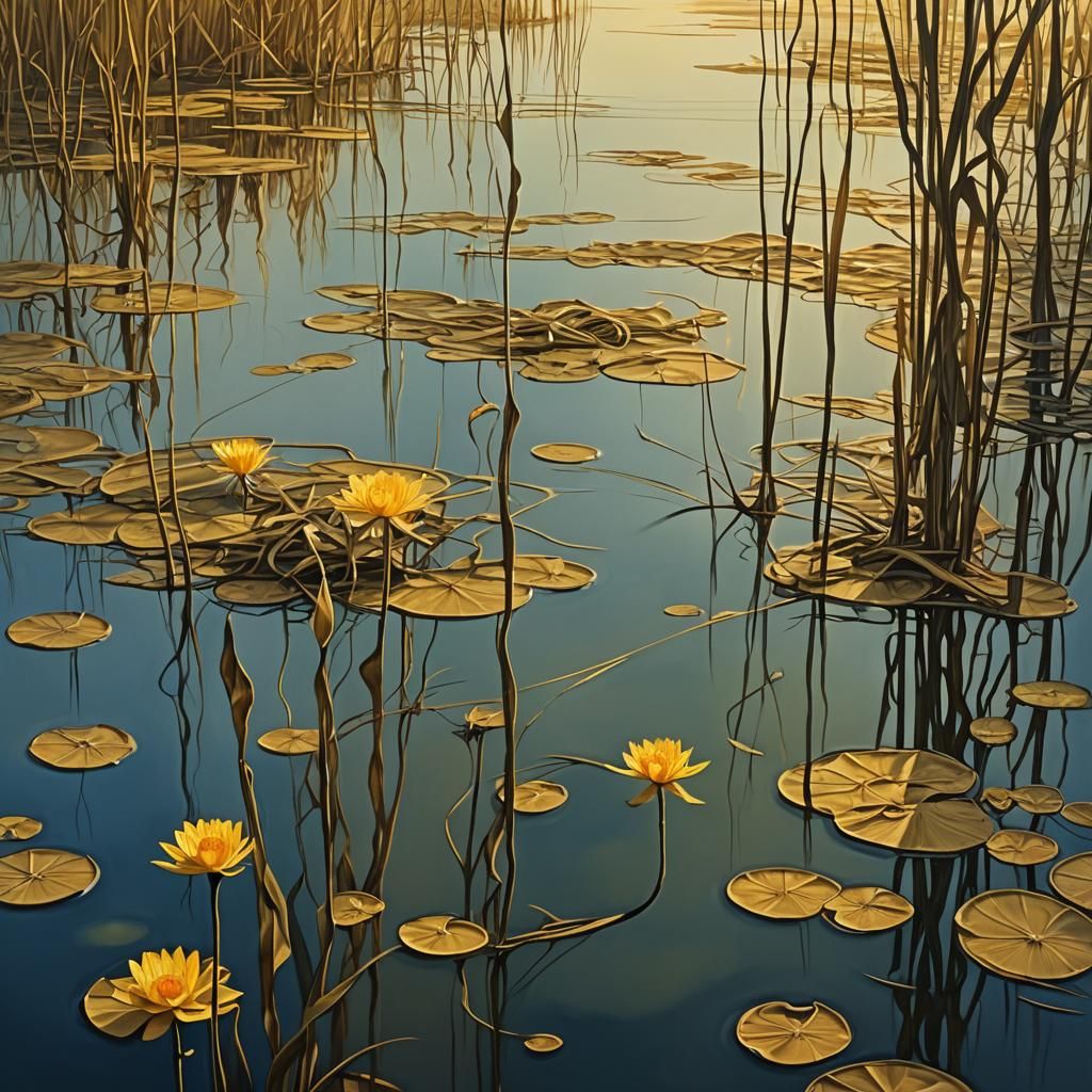 Surreal River Scene with Golden Sunlight, Salvador Dali Styl...