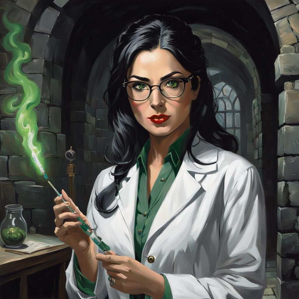 Dark Impressionistic Woman with Syringe in Dungeon Lab