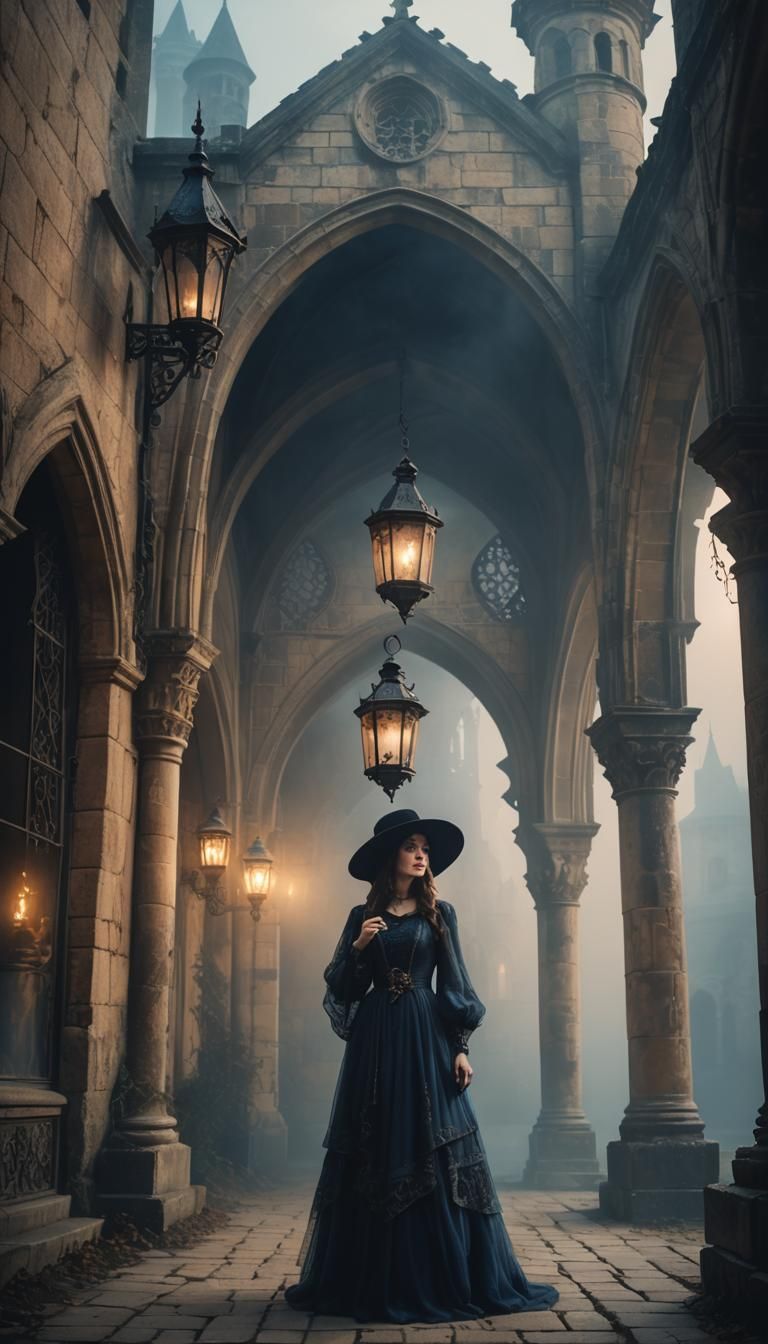 Gothic Fantasy Woman with Lantern in Courtyard