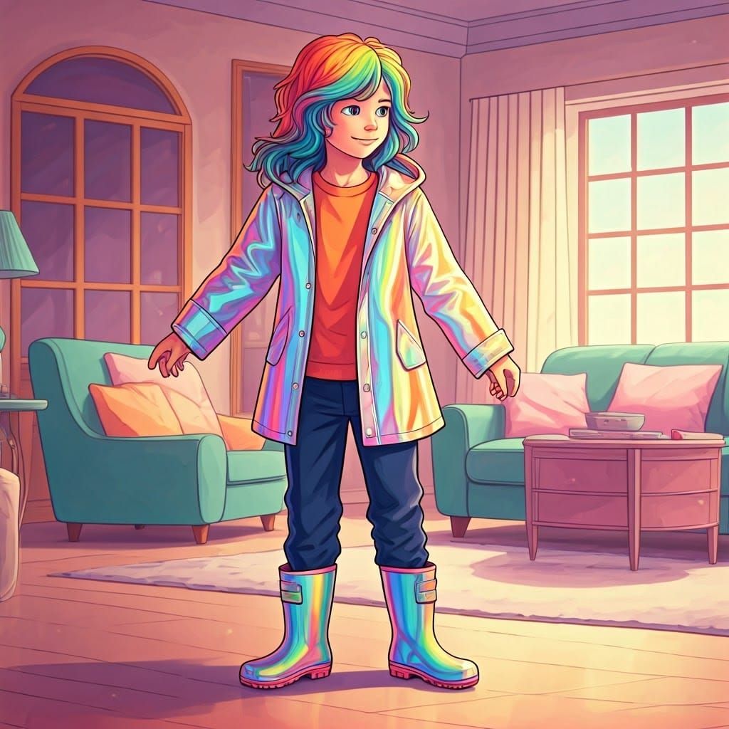 Rainbow-Haired Boy with Rainbow Raincoat, Futuristic Illustr...