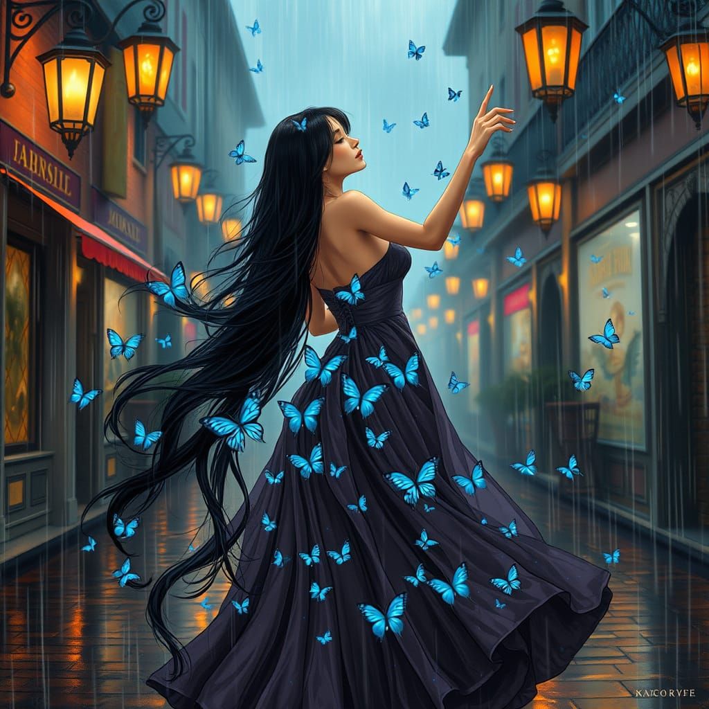 Ethereal Woman Dances in Rainy Streets with Butterflies