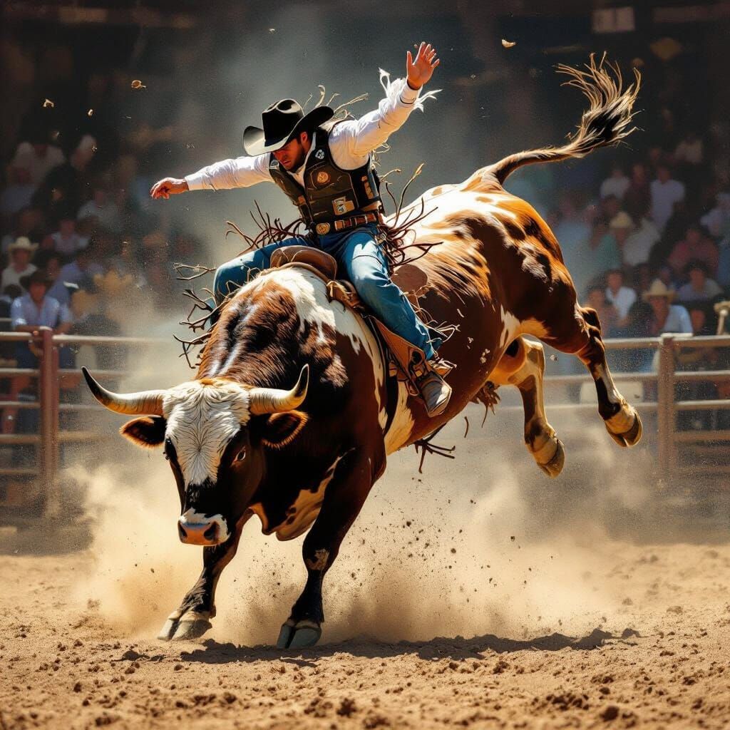 Dynamic Bull Rider Tossed High in Dusty Arena