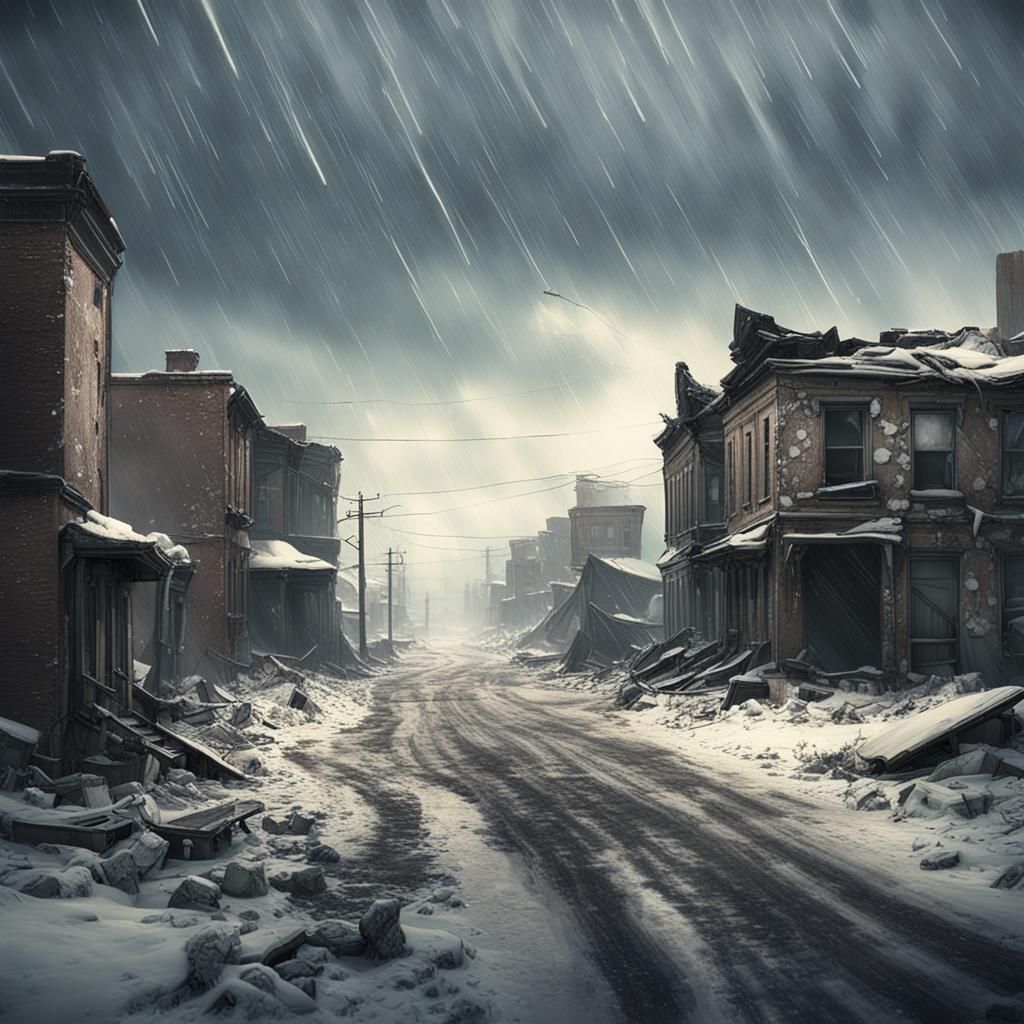 Desolate Post-Apocalyptic Town Under Snowy Skies