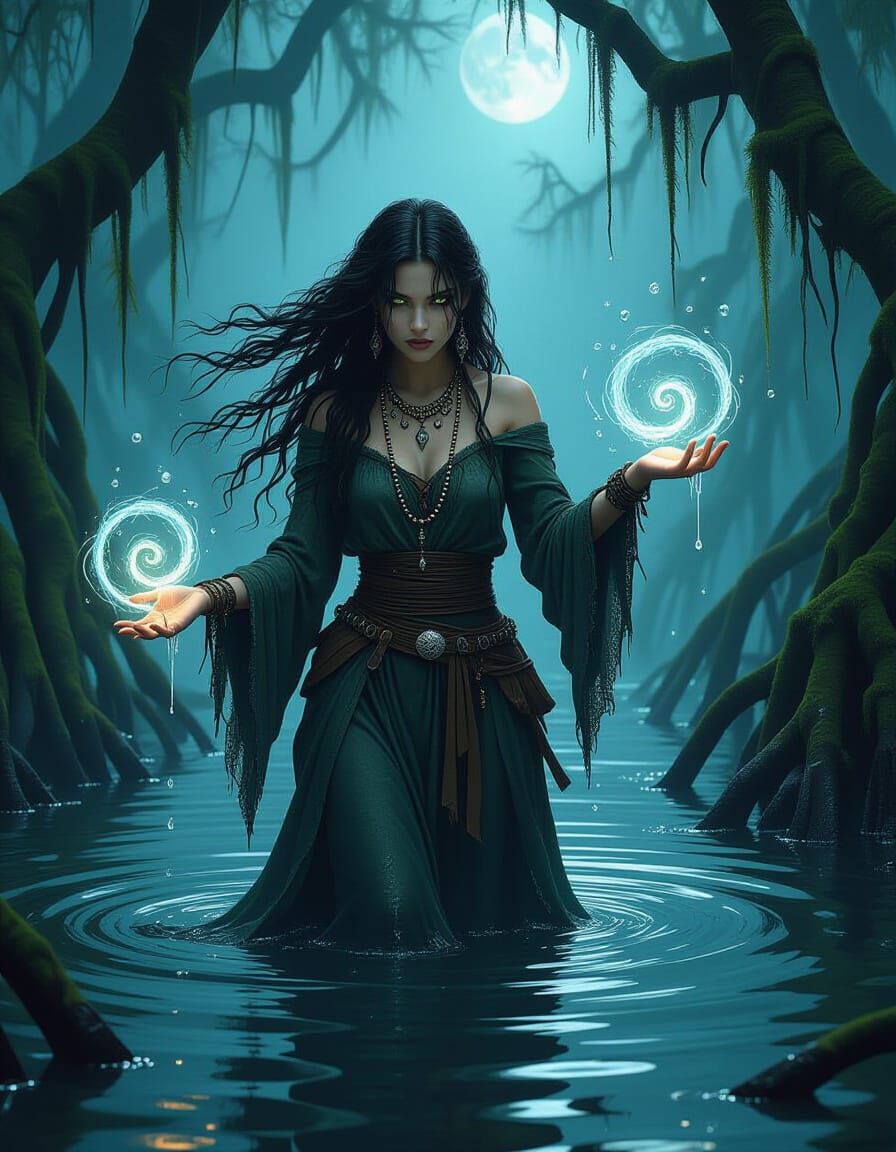 River Witch Summons Whirlpools in Dark Fantasy Art