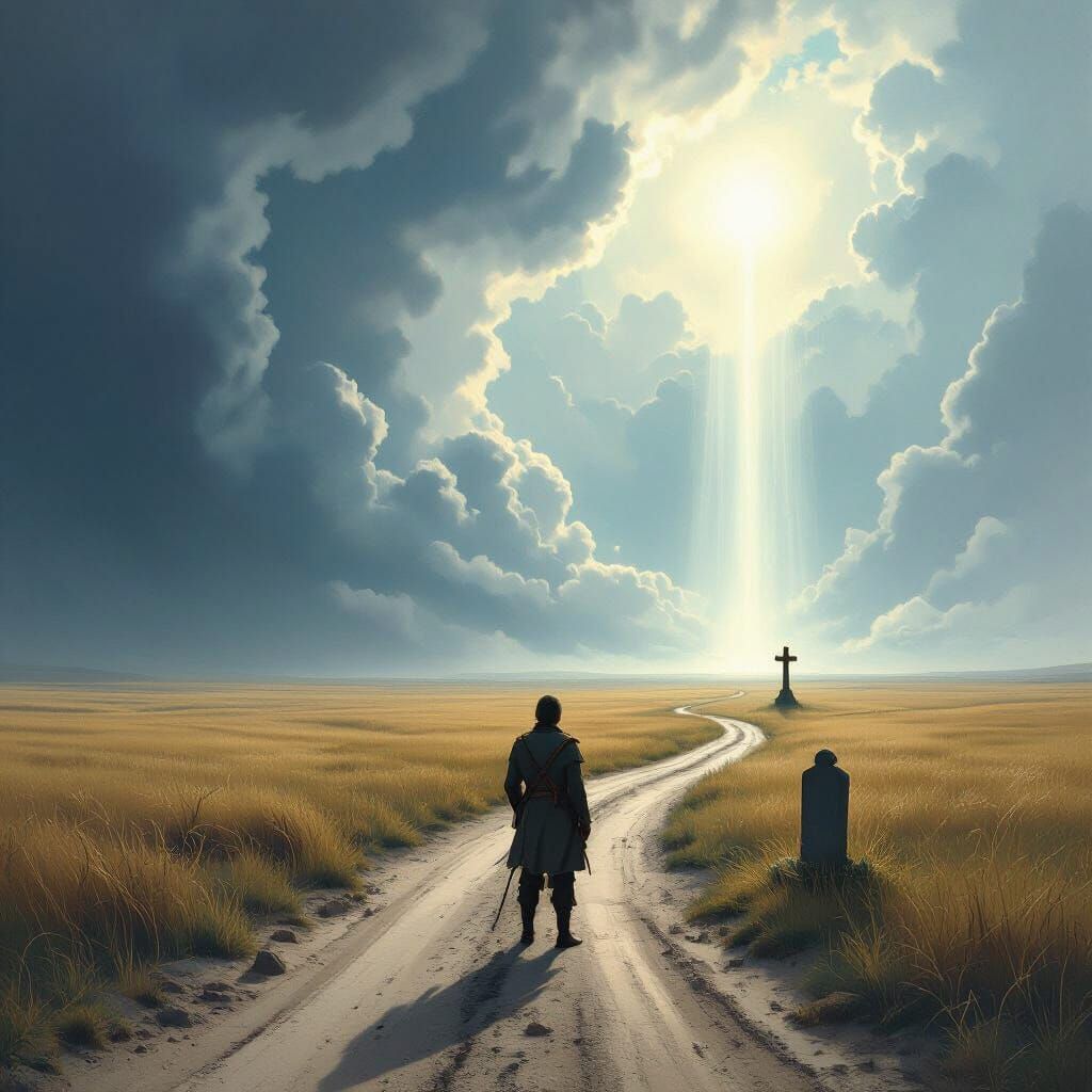 Soldier at Crossroads Between Light and Darkness