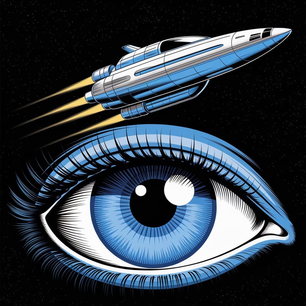 Retrofuturistic Spaceship Flies Over Cosmic Eye