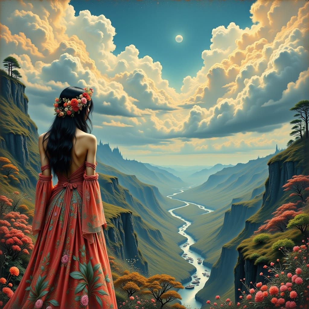 Elegant Woman Overlooking Serene Landscape as Art Nouveau