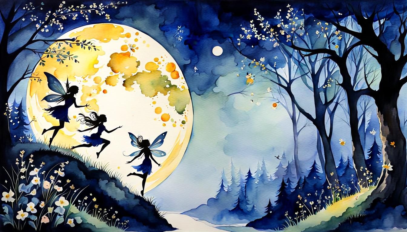Fairies Frolicking by Moonlight Dream in Watercolor