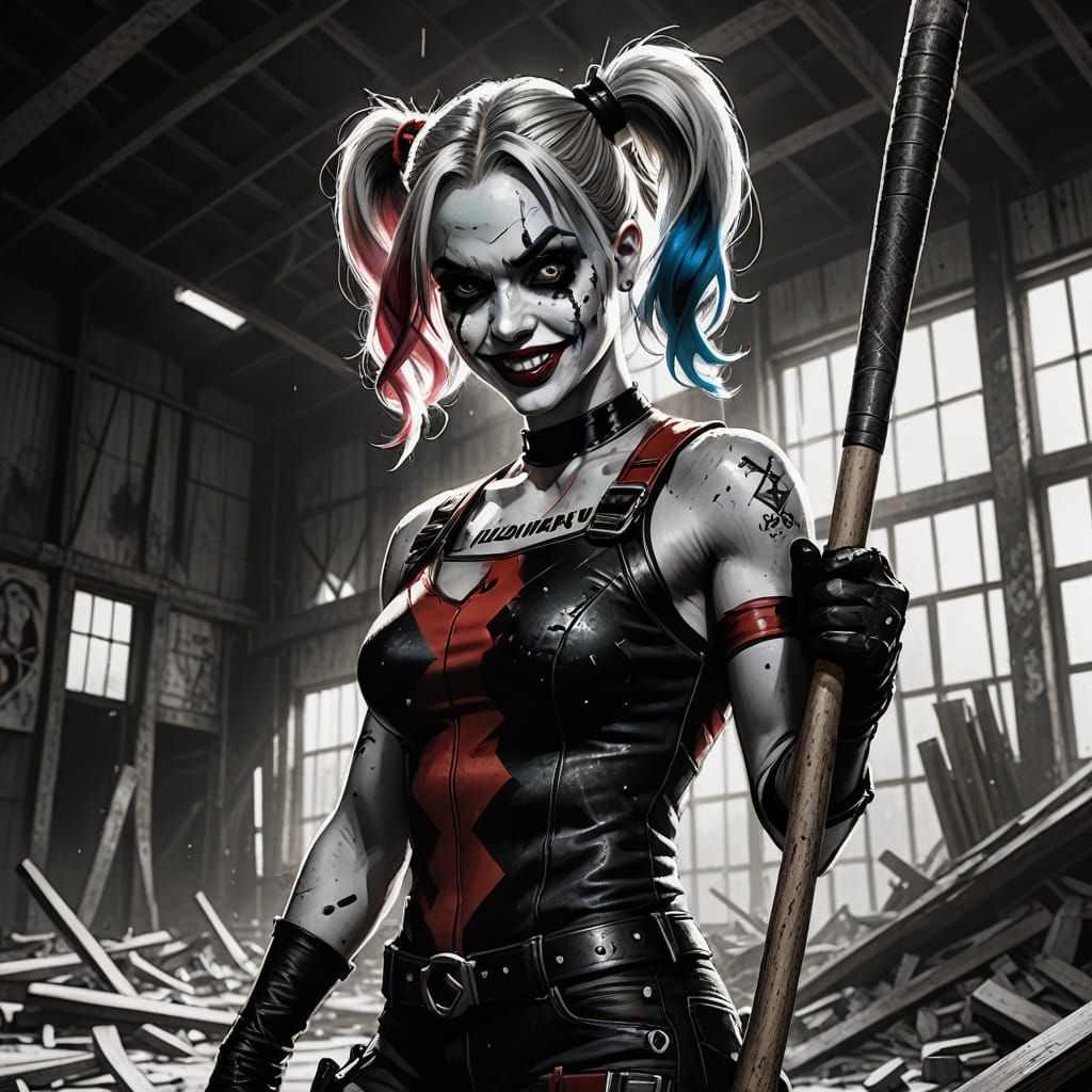 Harley Quinn Balances on Bat in Charcoal Drawing