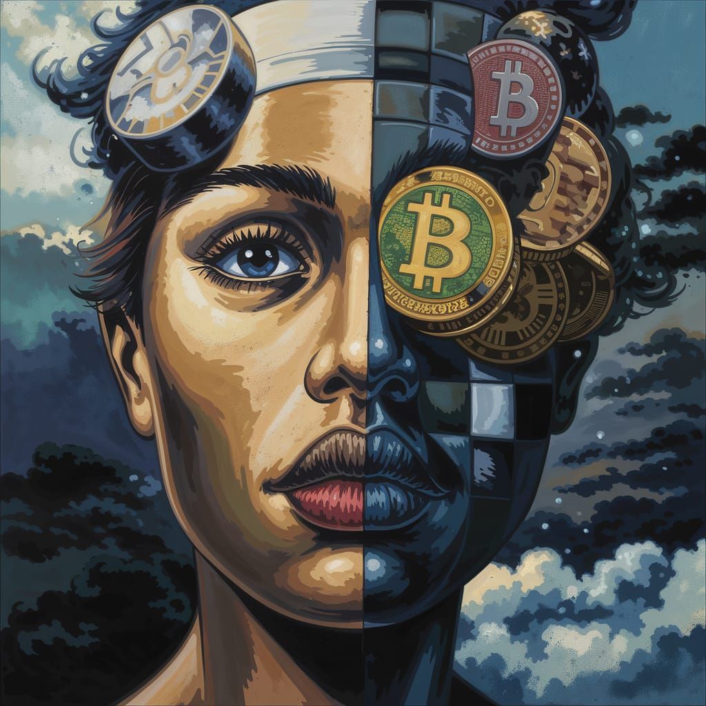 Magical Bitcoin Coins in Cyberpunk Style