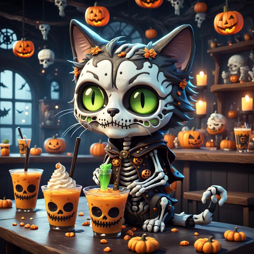 Halloween Skeleton Cat Drinks Boba: Chibi Art
