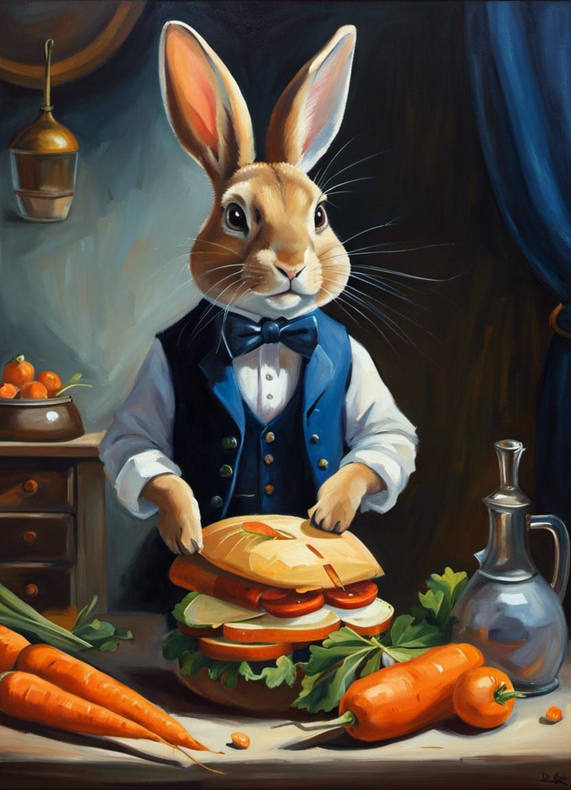 Rabbit Chef Prepares Carrot Sandwich, Expressive Oil Paintin...