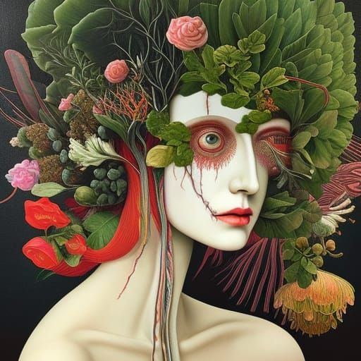 Botanical Vein Girl: Surreal Mixed Media Optical Illusion