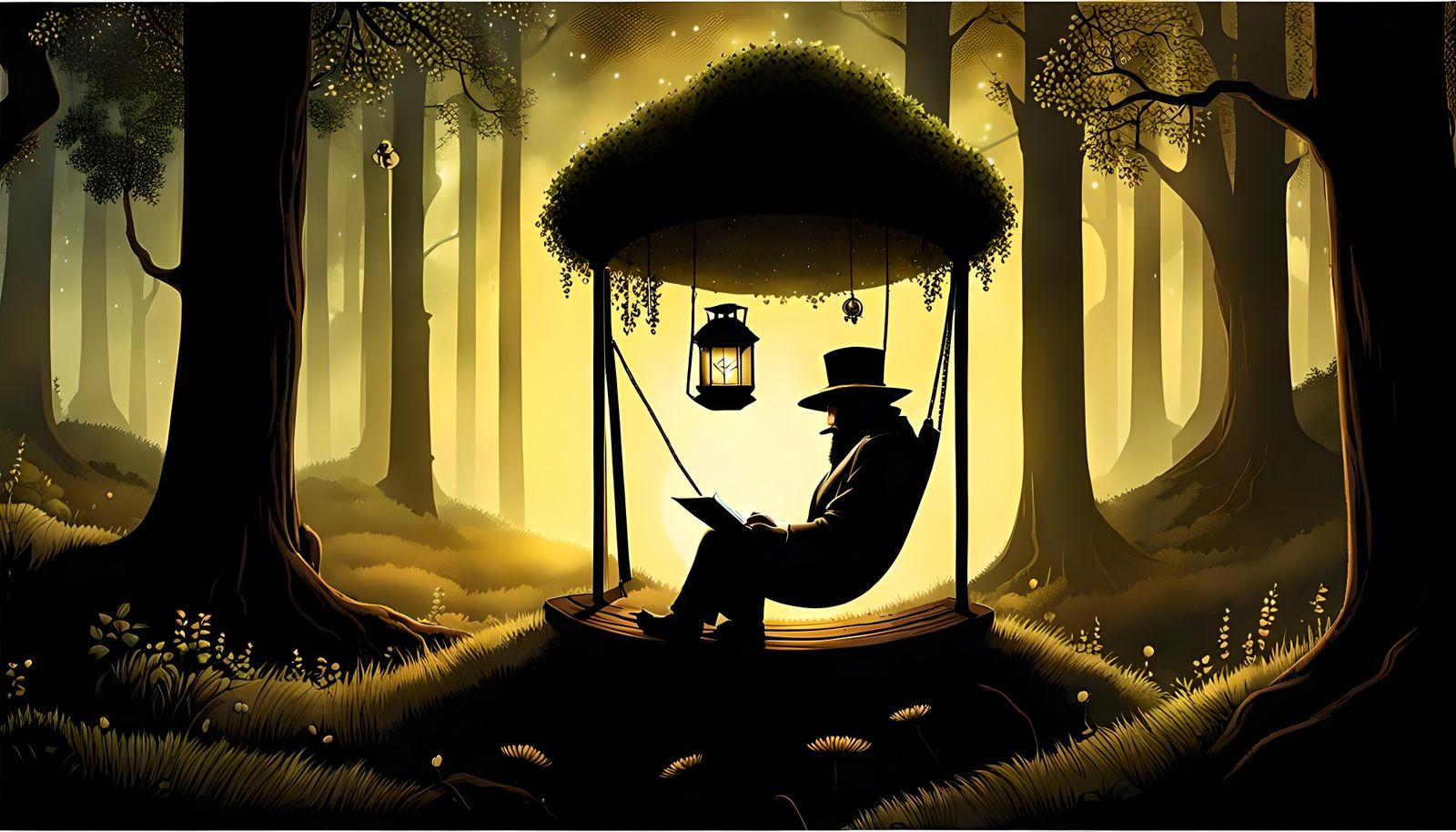 Hat-Headed Figure on a Swing in the Forest