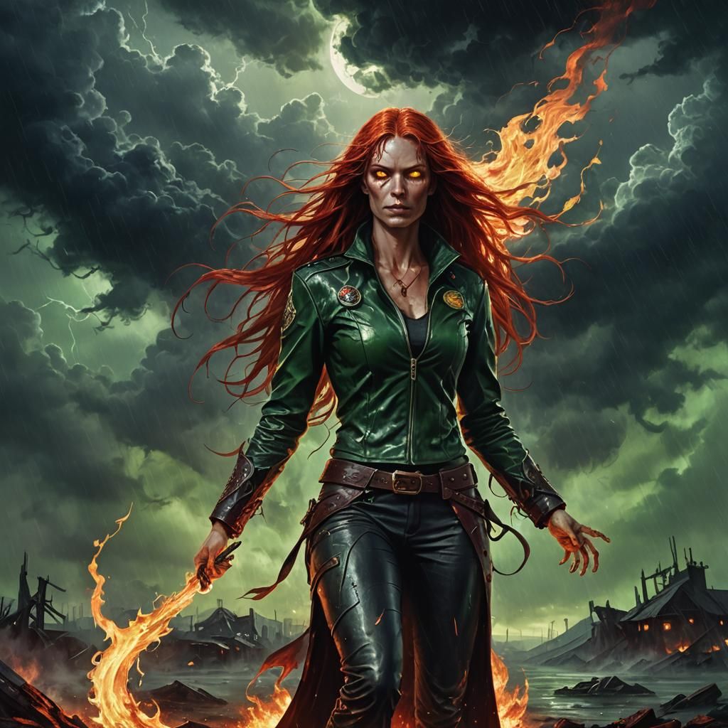 Fiery Phoenix-Human Hybrid in Stormy Hellscape