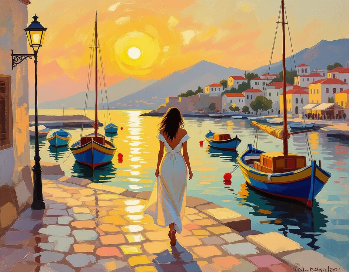 Woman in Greek Harbor, Impressionist Style