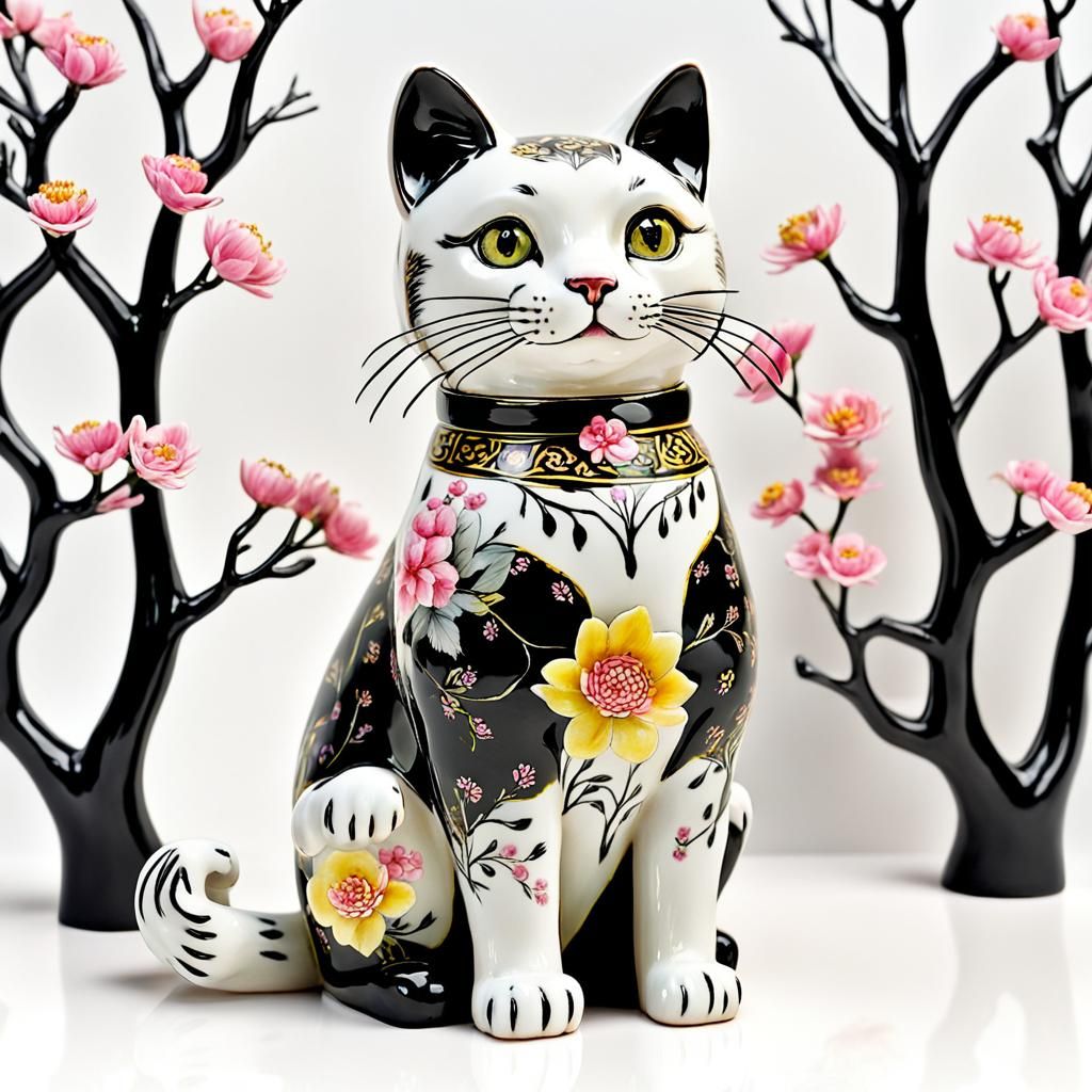 Porcelain Cat Figurine with Chinese Ink Art