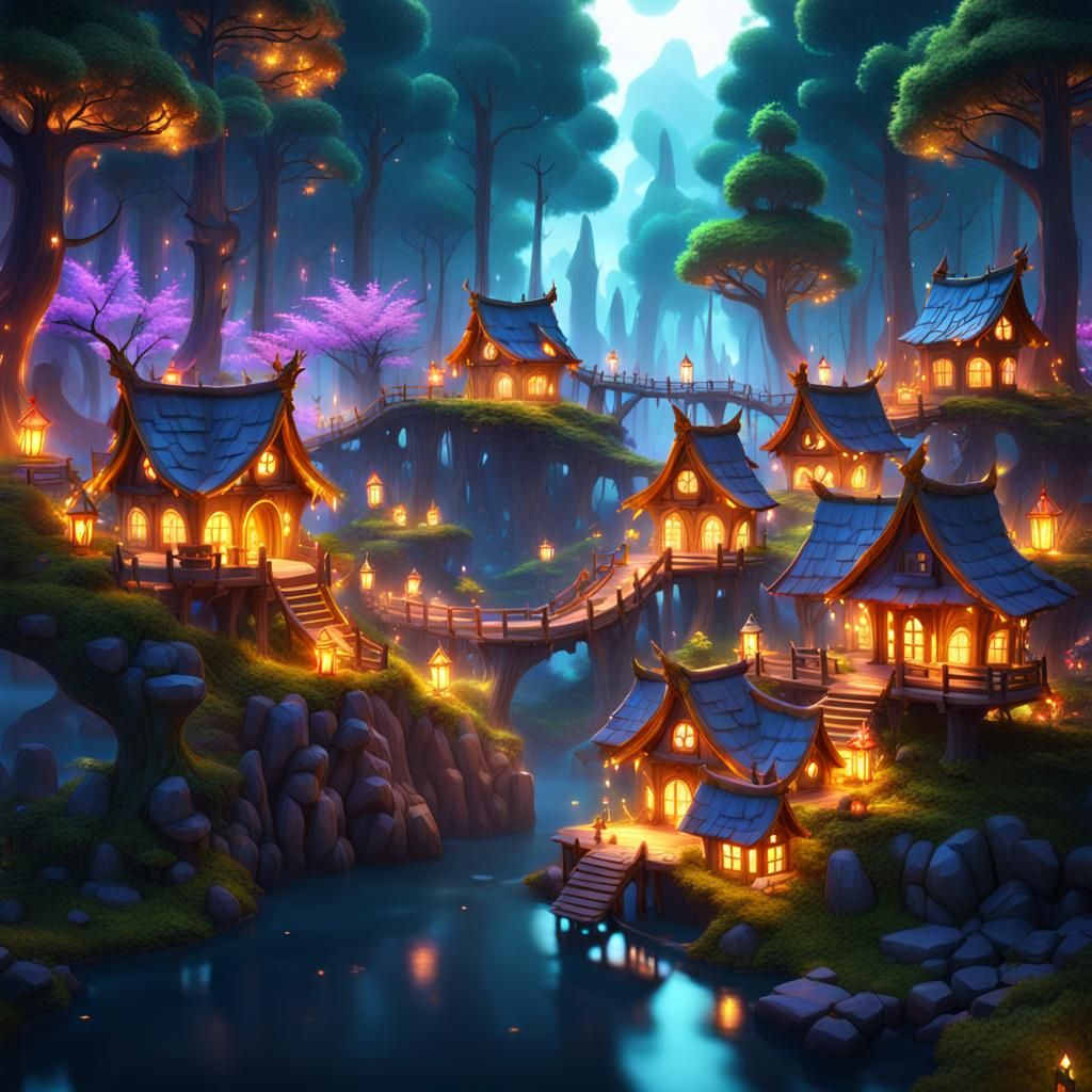 Fantasy Fairy Village with Glowing Lights