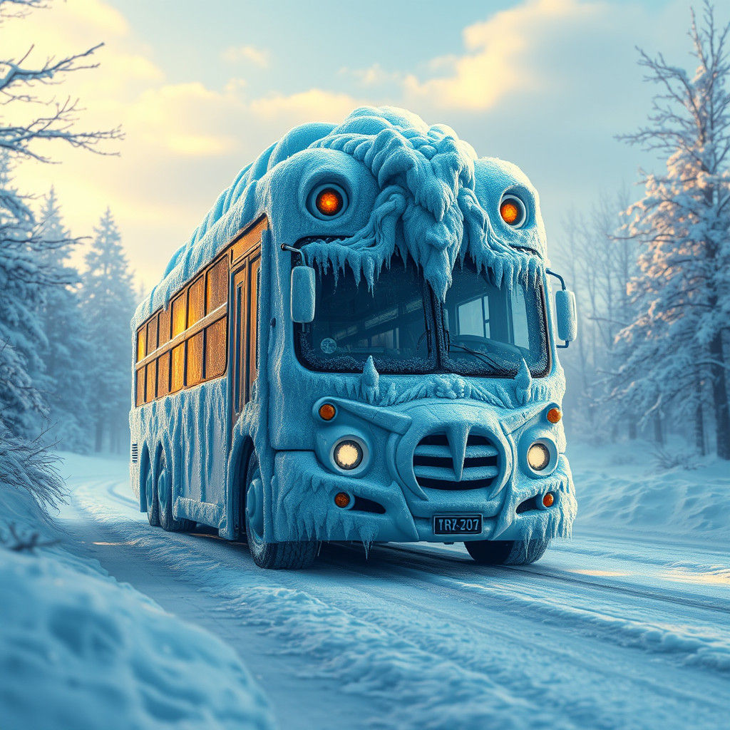 Anthropomorphic Snow Bus in Winter Wonderland