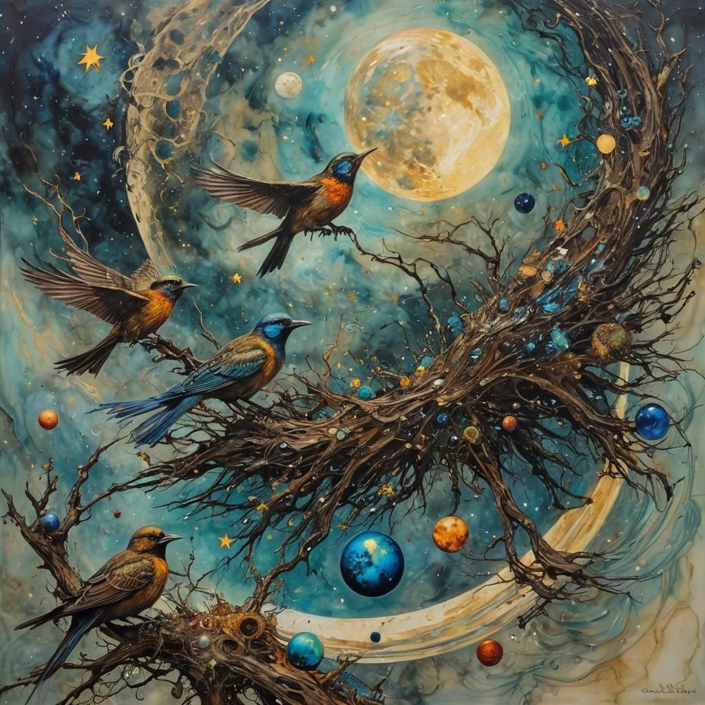 Celestial Birds in Surreal Impressionistic Landscape