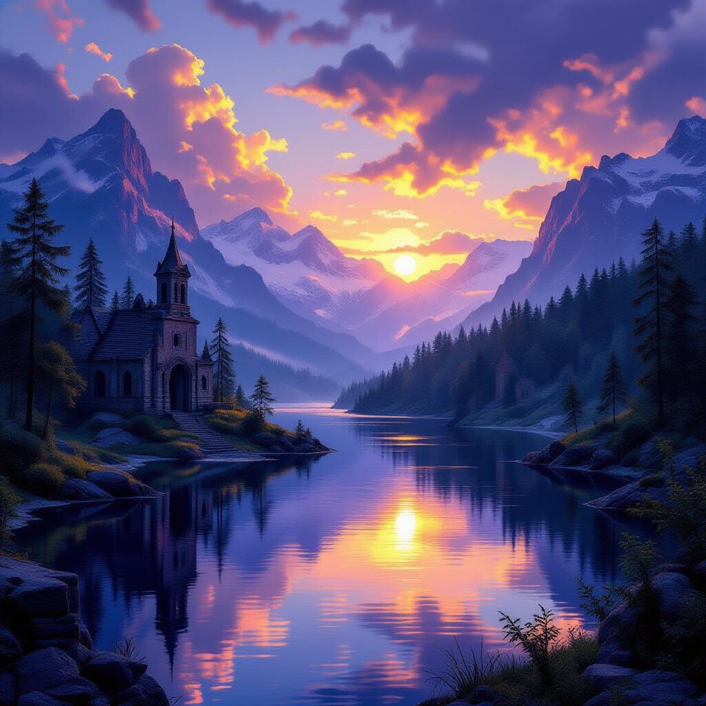 Dark Fantasy Landscape with Forests, Ruins, and Lakes
