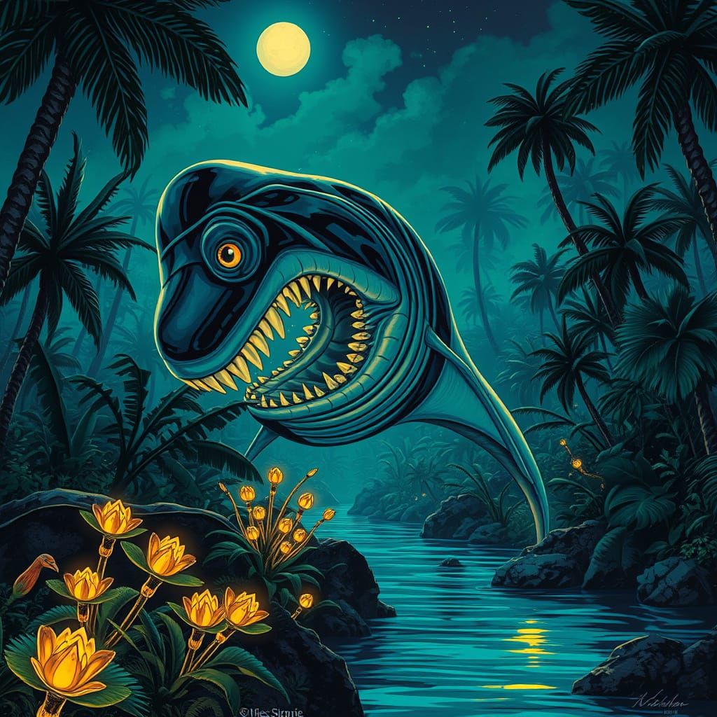 One-Eyed Megalodon Emerges from Bioluminescent Jungle