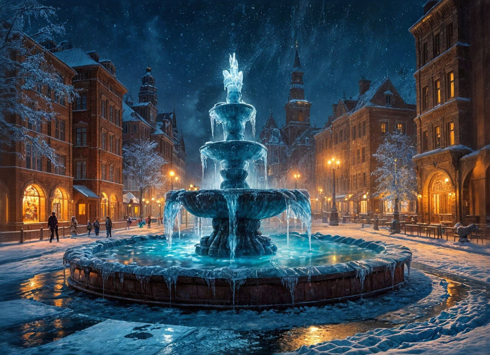 Frozen Fountain in Winter City Night Landscape
