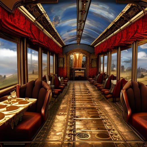 Luxurious Steampunk Train Dining Car in Detailed Matte Paint...