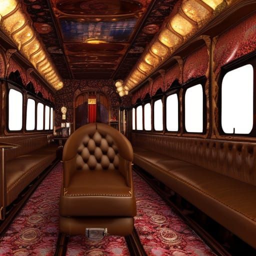 Luxurious Steampunk Train Car Interior in Detailed Matte Pai...