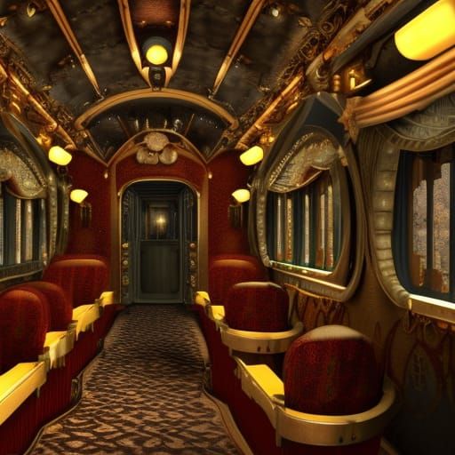 Luxurious Steampunk Train Dining Car Interior