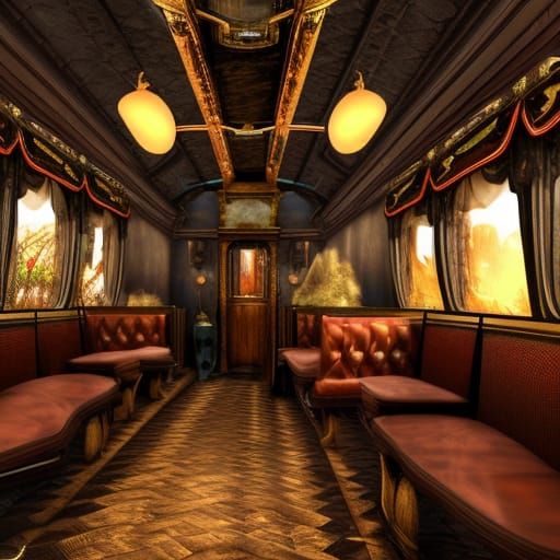 Luxurious Steampunk Train Car Interior in Detailed Matte Pai...
