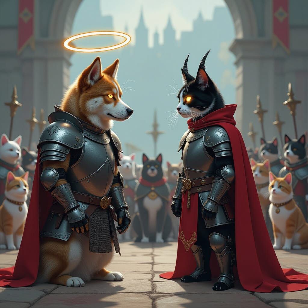 Cosmic Canine vs. Feline Fiend: Epic Battle on Stage