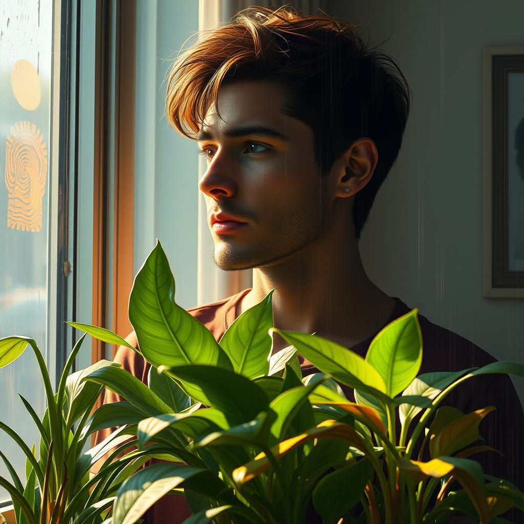 Serene Houseplant Portrait in Vibrant Triadic Colors