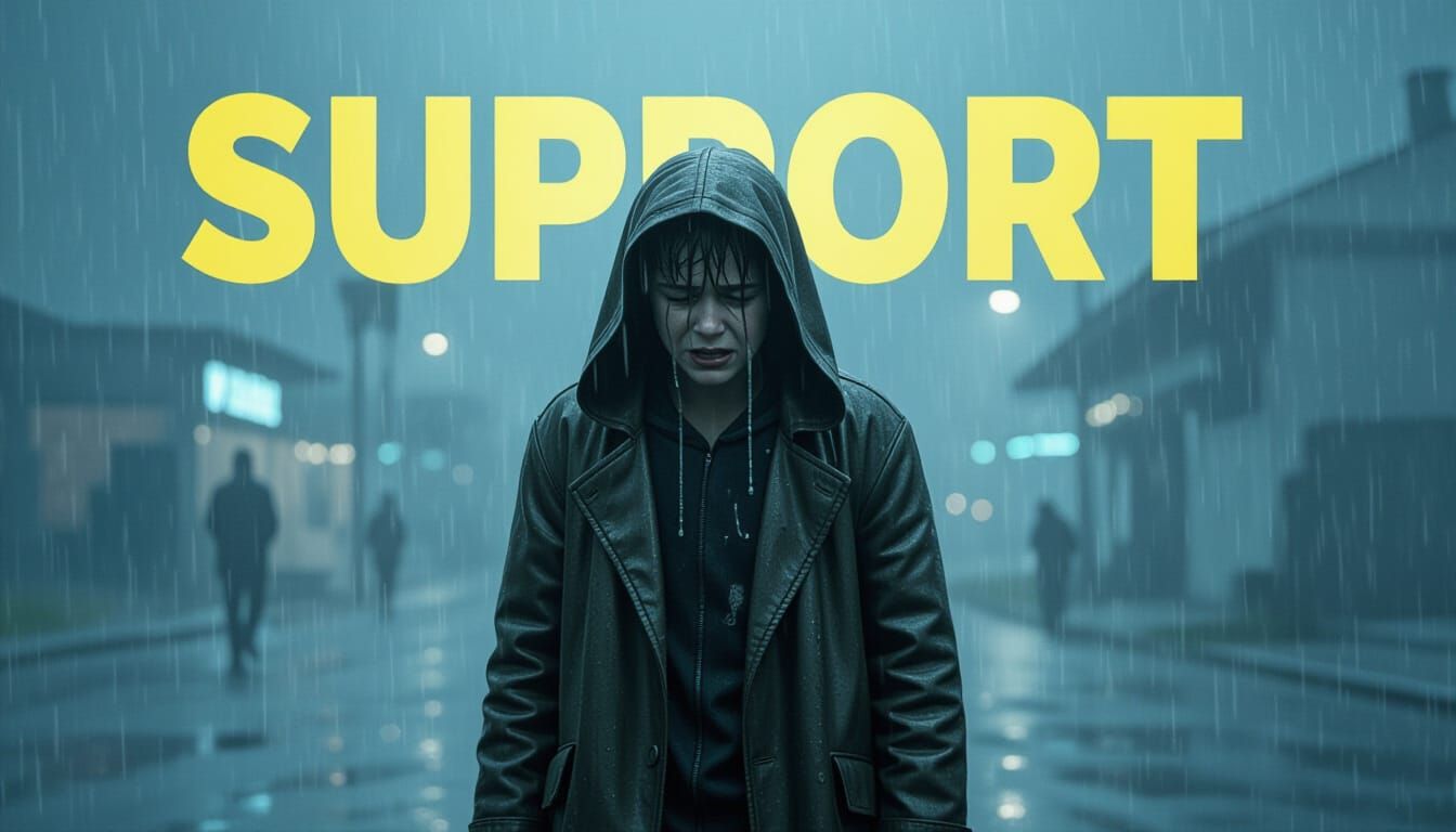 Sorrowful Boy in Rain with Dramatic Lighting