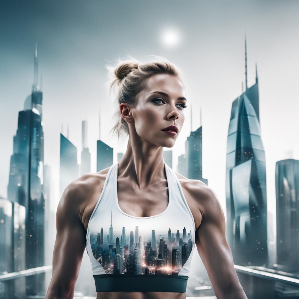 Double Exposure: Fitness Model and Futuristic Cityscape