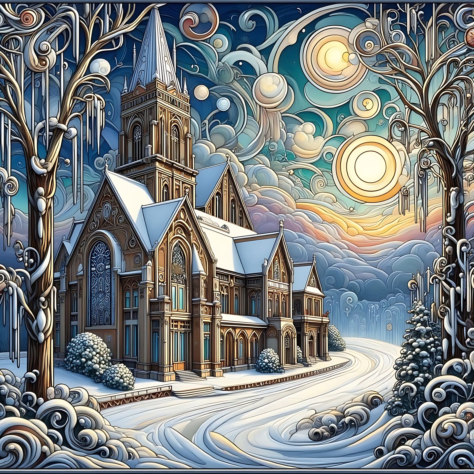 Icy Christmas Landscape in Art Deco Nouveau Style