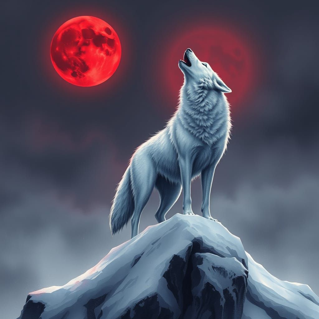 Wolf Under Deep Red Moon in Snowy Landscape