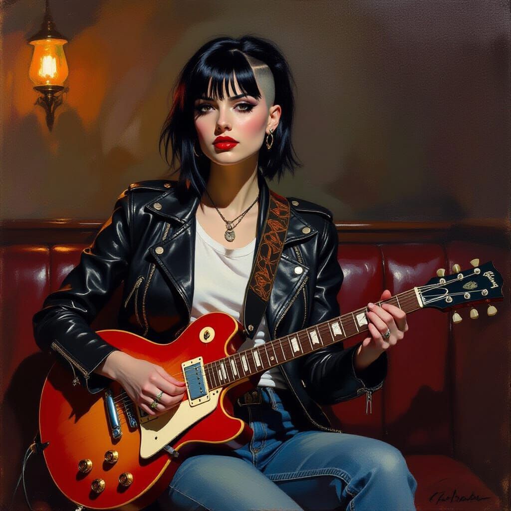 Goth Woman Guitarist: Impressionistic Oil Painting