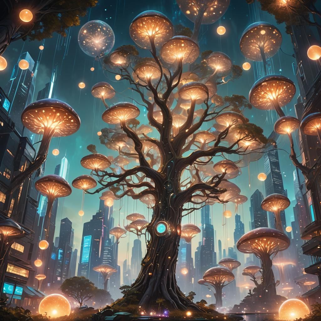 Glowing AI Tree in Futuristic Cityscape