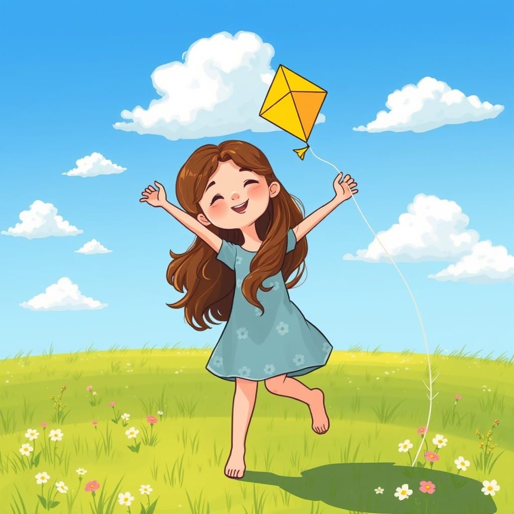 Whimsical Girl Soars in Bright Pastel World