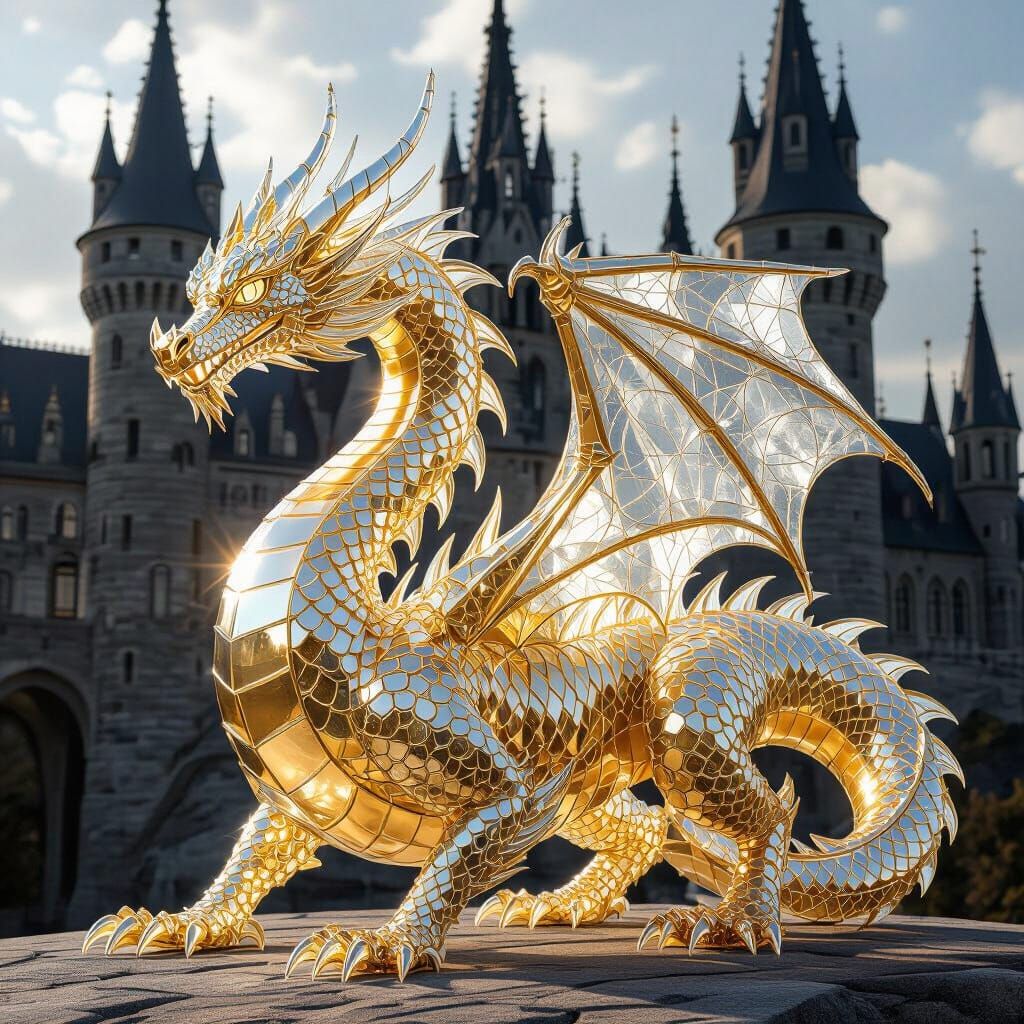 Seven-Headed Glass Dragon in Mystical Realism Style