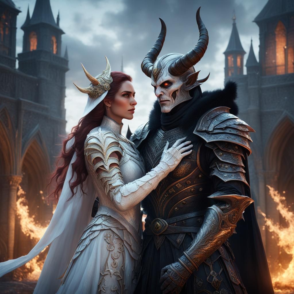 Demon in White Armor with Medieval Lady