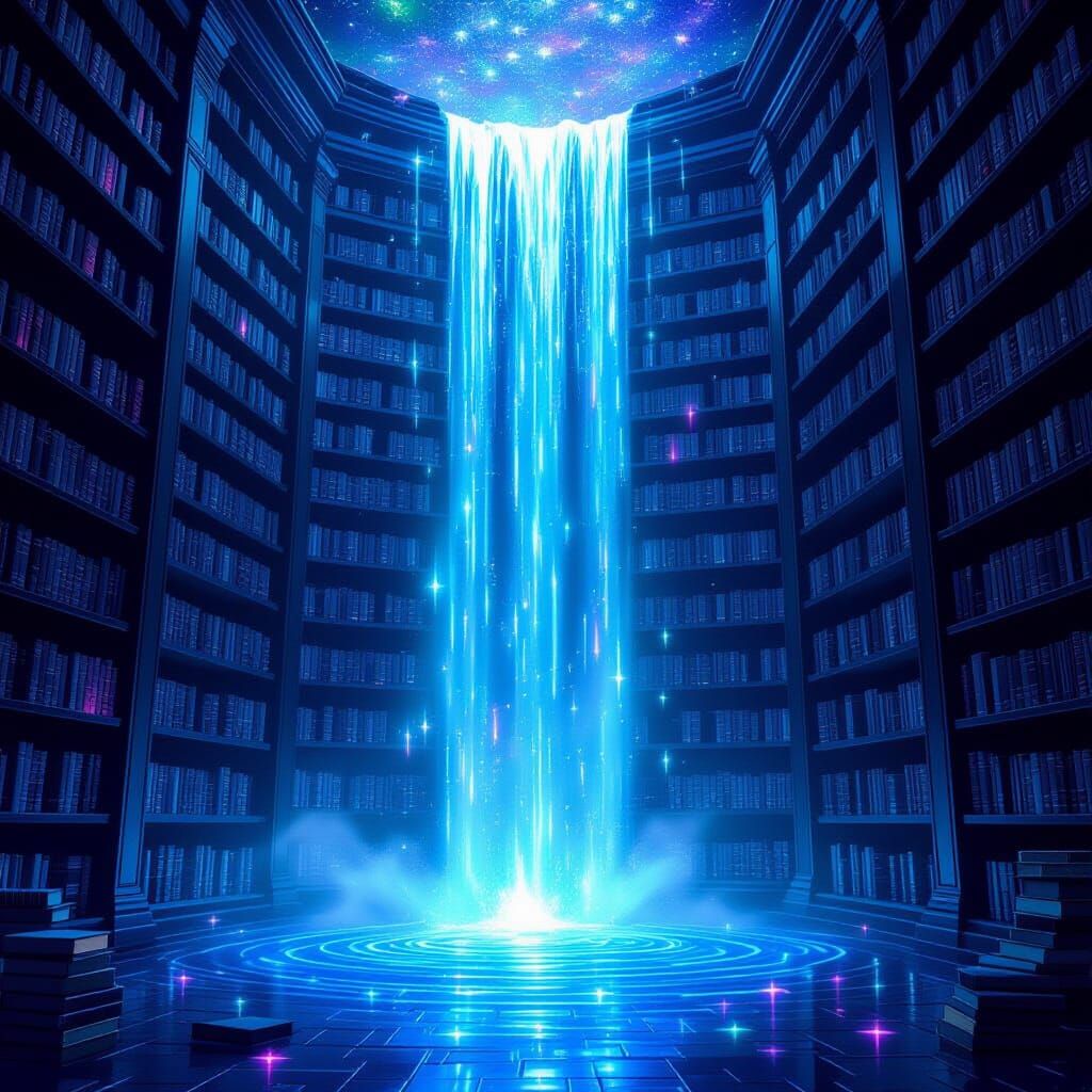 Bookshelf Waterfall in Dreamlike Digital Illustration