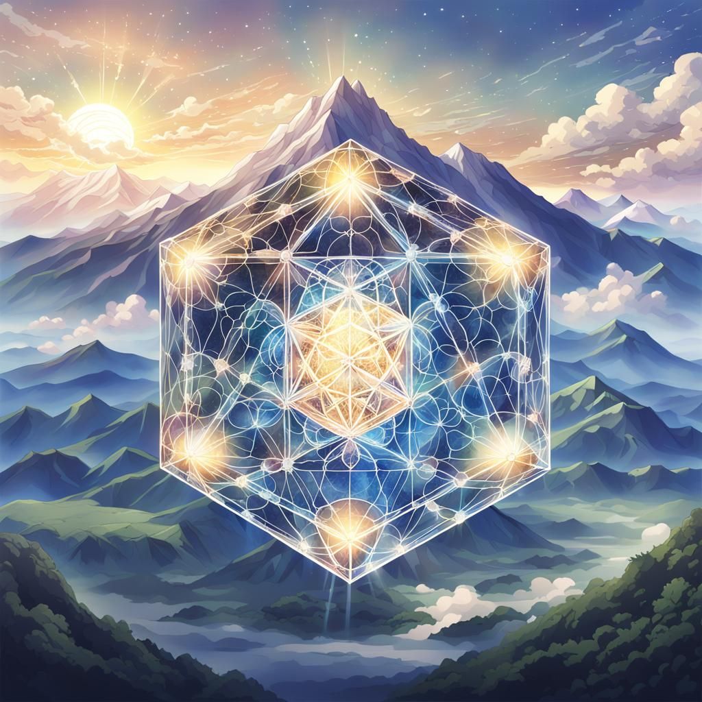 transparent sacred geometry metatron's cube with mountain range in the distance