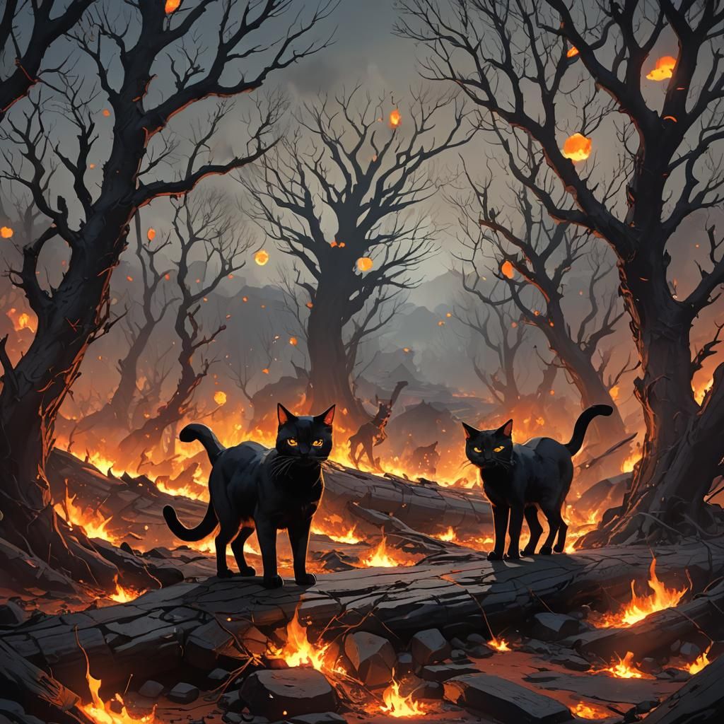 Demonic Cats in Hellish Anime Landscape