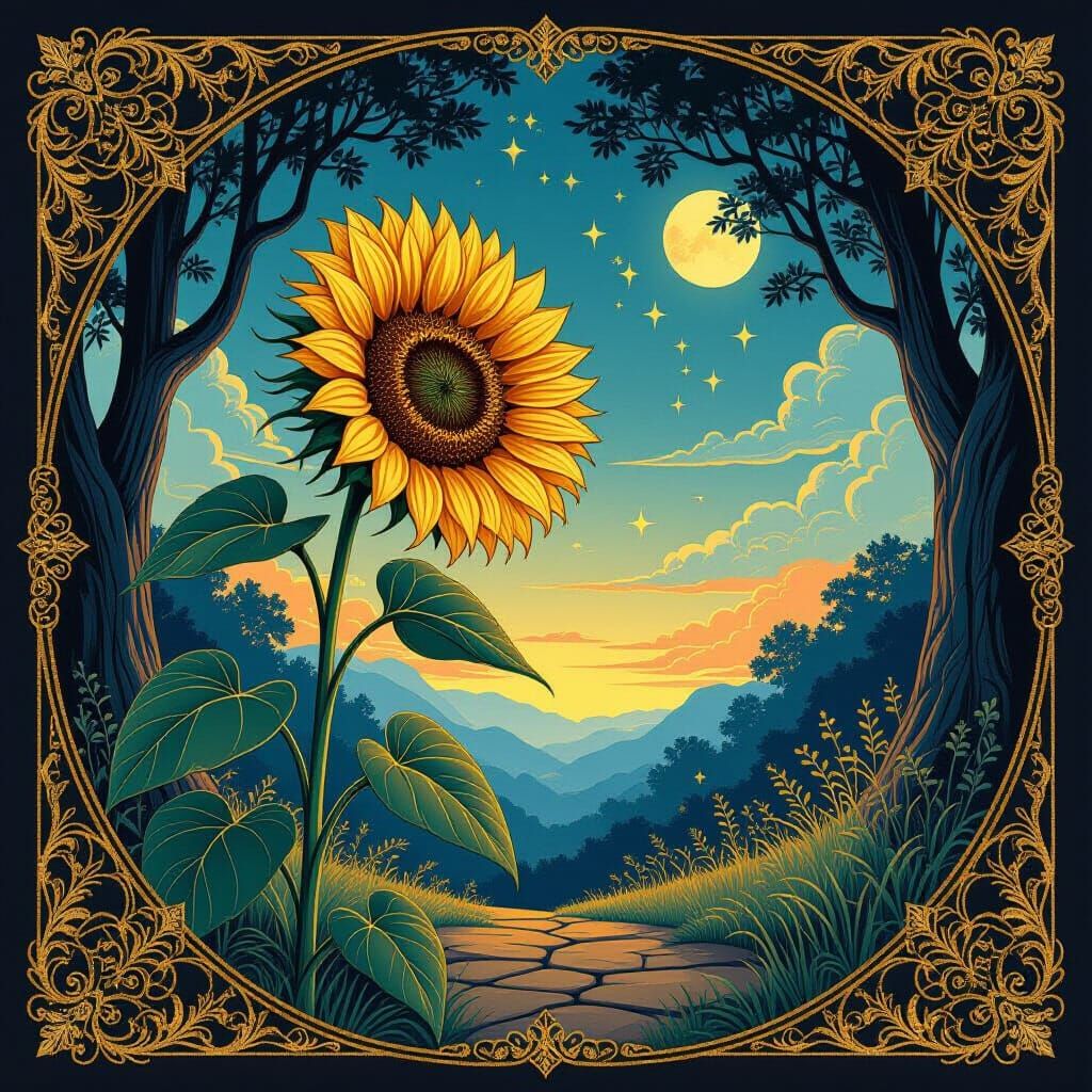 Overgrown Sunflower Reaching Towards Magical Twilight Sky